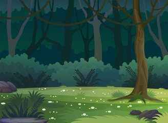 Vector illustration of summer forest landscape, fantasy forest glade.