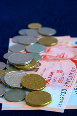 Singaporean coins on a bed of notes.