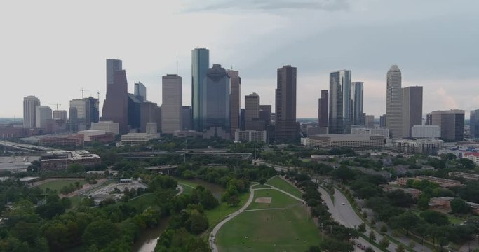 Establishing shot of downtown Houston skyline on a cloudy and rainy day. This video was filmed in 6k and down scaled to 4k for best image quality.