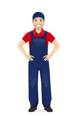 Full length handsame man in blue overalls standing isolated vector illustration