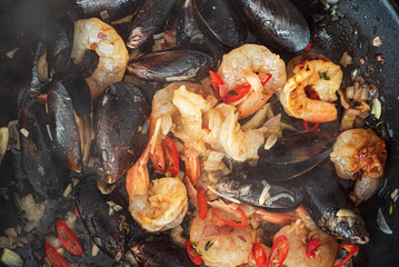 paella with calamari and mussels