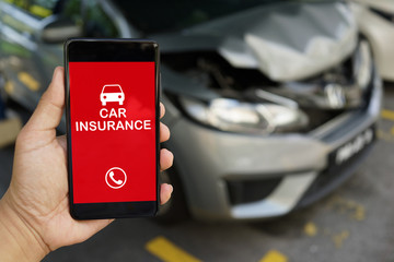 Obraz premium Car insurance claim, using cellphone for car service, car accident scene