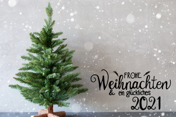 Christmas Tree, Glueckliches 2021 Mean Happy 2021, Gray Background, Snowflakes
