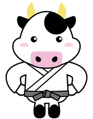 牛06_07（スポーツ・道着を着る牛さん）