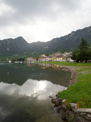 The little town of Crone at Lake idro in Italy during sunrise