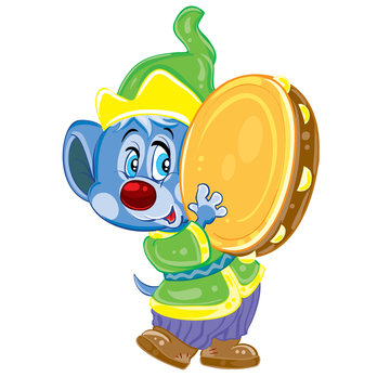 mouse character in suit playing the tambourine, actor, buffoon, isolated object on a white background, vector illustration,