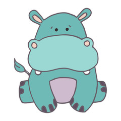 Vector drawing of a hippopotamus in a cartoon style. Cute animal isolated on white background. The little animal in the children s style. Africa, tropics, antarctica, farm, forest.