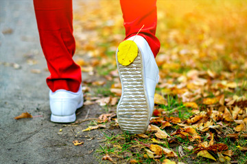 Walk on autumn leaves. Run in the autumn forest. Do sports in the fall. Sneakers on autumn leaves.