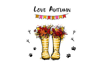 Yellow striped wellies. Rubber boots with autumn leaves, flag garland, footprint bird, dog, cat. Vector illustration in watercolor style. Decoration seasonal celebration. Hello autumn greeting card.