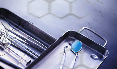 Equipment for the dental office. Orthopedic Instruments. Dental technician with working tools. Dentist metal tools.