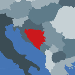 Shape of Bosnia in the context of neighboring countries. Country highlighted in red color on the world map. Bosnia map template. Vector illustration.