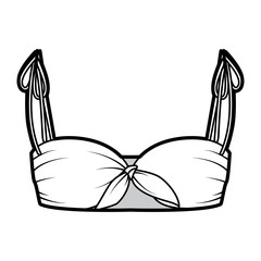 Bra top technical fashion illustration with cropped length, ties at shoulders and front. Flat swimwear lingerie apparel template front, white color. Women, men, unisex underwear CAD mockup. 