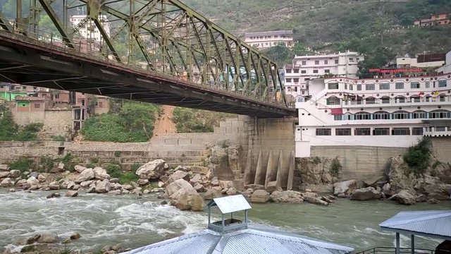 Alaknanda river flowing under the Bridge at Karnaprayag in Uttarakhand, India