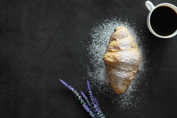 Fresh pastries on the table. French flavored croissant.