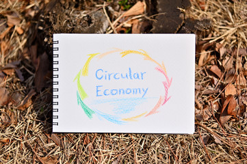 The commentaly words of "Circular Economy" on sketchbook. It is on wood stump.