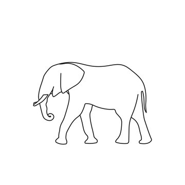Big elephant walking line art. Side view. Wildlife animal. Africa and Asia. Huge creature. Safari icon sign or symbol. Circus attraction. Fauna element. Coloring book - Vector illustration.