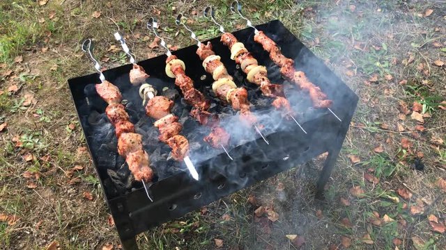 Meat grilling on the brazier at park outdoors