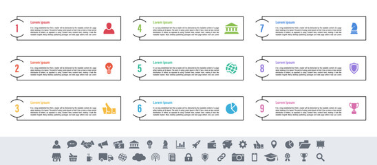 Infographic design business concept vector illustration with 9 steps or options or processes represent work flow or diagram or web button banner