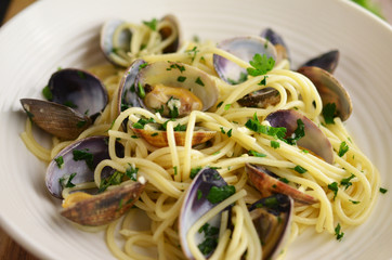 Pasta with mussels on plate