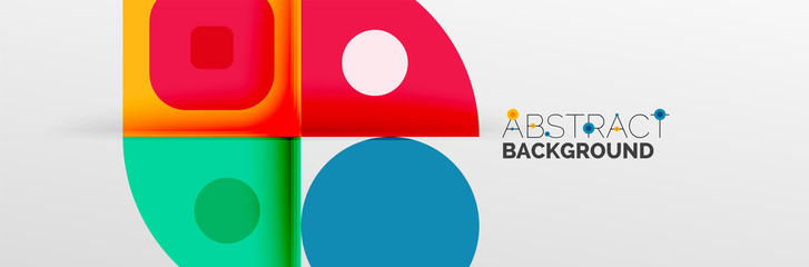 Bright color circles, abstract round shapes and triangles composition with shadow effects. Vector modern geometric design template