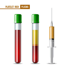PRP - Several test tubes and syringe with blood and plasma for dentistry, mesotherapy