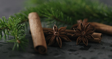 spruce twig with cinnamon and anise on terrazzo countetop