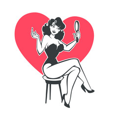 pinup beauty girl, holding a mirror, sitting on heart shape background - 373222938