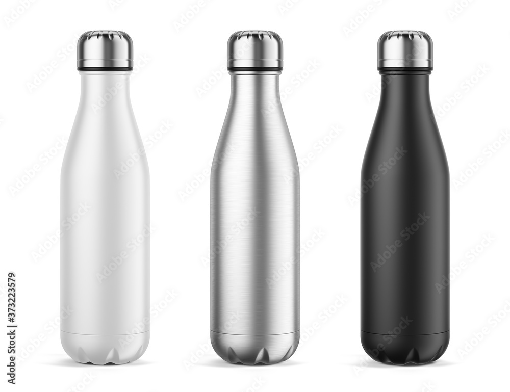 Wall mural Empty Metal Reusable Water Sport Bottle Isolated on White Background. White, Silver and Black water bottles. Template Mockup. 3d rendering