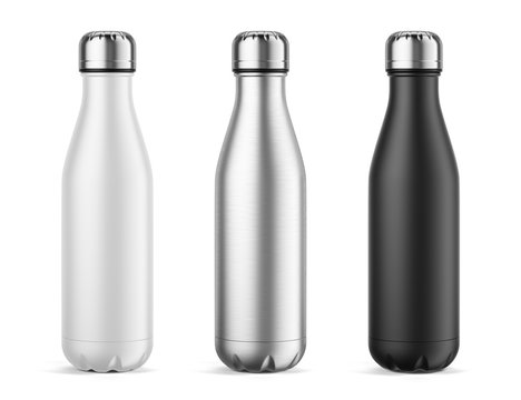 Empty Metal Reusable Water Sport Bottle Isolated on White Background. White, Silver and Black water bottles. Template Mockup. 3d rendering