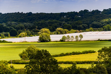 Aerial view over agricultural production and greenhouses - vale of evesham, english midlands...