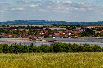 Aerial view over agricultural production and greenhouses - vale of evesham, english midlands...