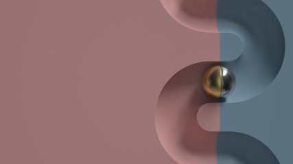 Abstract 3d render of  minimal geometry composition.  Metall ball rolling in geometry deepening.