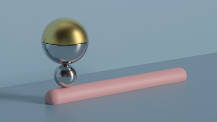3d abstract render of metall balls balanced on the pink round tube with fillets.  Minimal geometry composition.