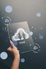 Concept of business women, hands on technology, digital data storage Cloud technology and data exchange around the world.