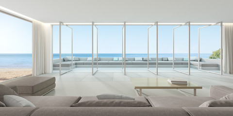 Fototapeta na wymiar 3d render of large windows panel and terrace on sea background, Modern living room with sofa and tile floor.