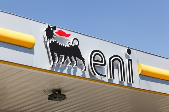Mionnay, France - June 13, 2019: ENI logo on a gas station. ENI is an Italian oil company headquartered in Roma, Italy. Considered one of the global supermajors, it has operations in 79 countries 