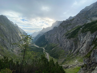 Fototapeta na wymiar View from the Höllental Hiking area close to the Zugspitze