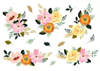Zelfklevend Fotobehang yellow pink floral garden watercolor arrangement collection © wulano