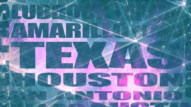 USA travel concept. Texas cities names cloud. Glowing words collage