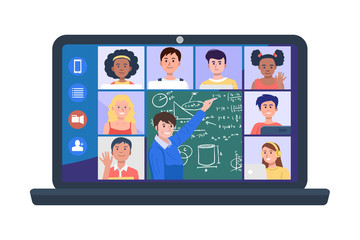 Illustration of teacher and students at video conference on laptop. Vector