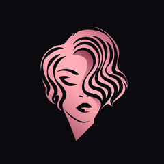 Woman with elegant hairstyle and makeup.Hair salon and beauty studio illustration.Cosmetics and spa logo isolated on dark background.Young lady face.Front view.