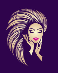 Woman with elegant hairstyle, makeup and manicure.Hair salon, nails art and beauty studio illustration.Cosmetics and spa logo.Young lady face and hands.Pink lipstick.Blonde hair girl.
