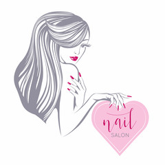 Woman with elegant hairstyle, makeup and manicure.Hair salon, nails art and beauty studio illustration.Cosmetics and spa logo.Young lady face and hands.Red lipstick and nail polish.