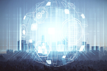 Double exposure of social network theme drawing and cityscape background. Concept of people connecton.