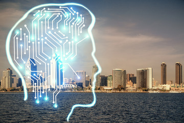Brain hologram drawing on cityscape background multi exposure. Ai in modern city concept.
