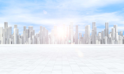 3D Rendering of pavement street walk with large buildings in mega city. For car advertising background