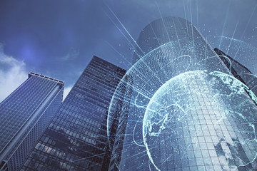 Double exposure of social network theme drawing and cityscape background. Concept of people connecton.