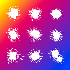 Vector set of white paint splashes on bright colorful gradient background, different shapes, abstract illustration.