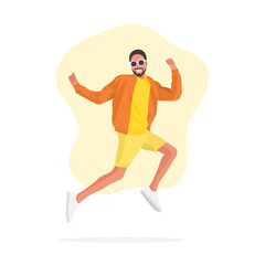 Happy and cheerful African man with glasses jumping up. Happiness concept. Successful guy. Celebration party. Fun activity. Good times. Feeling excited. Victory - flat vector illustration.