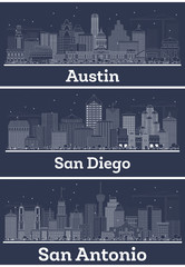 Outline San Diego California, San Antonio and Austin Texas City Skylines with White Buildings.